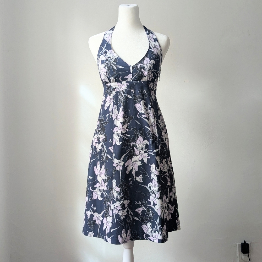 Athleta Pack Everywhere Halter Dress Navy Blue Pink Floral Lily Size 2